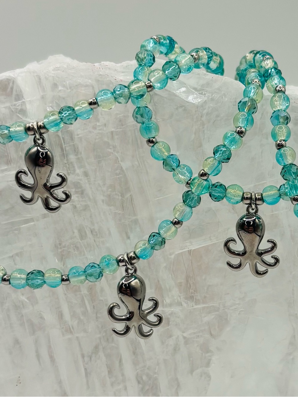 *ANKLET* S. Steel Silver Octopus with Crystal Stretchy Anklet
